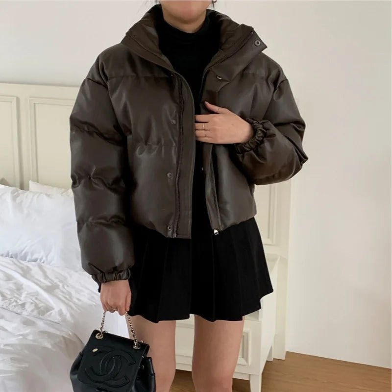 Samantha Faux Leather Puffer Jacket - Women's Fall and Winter Outerwear - Image 6