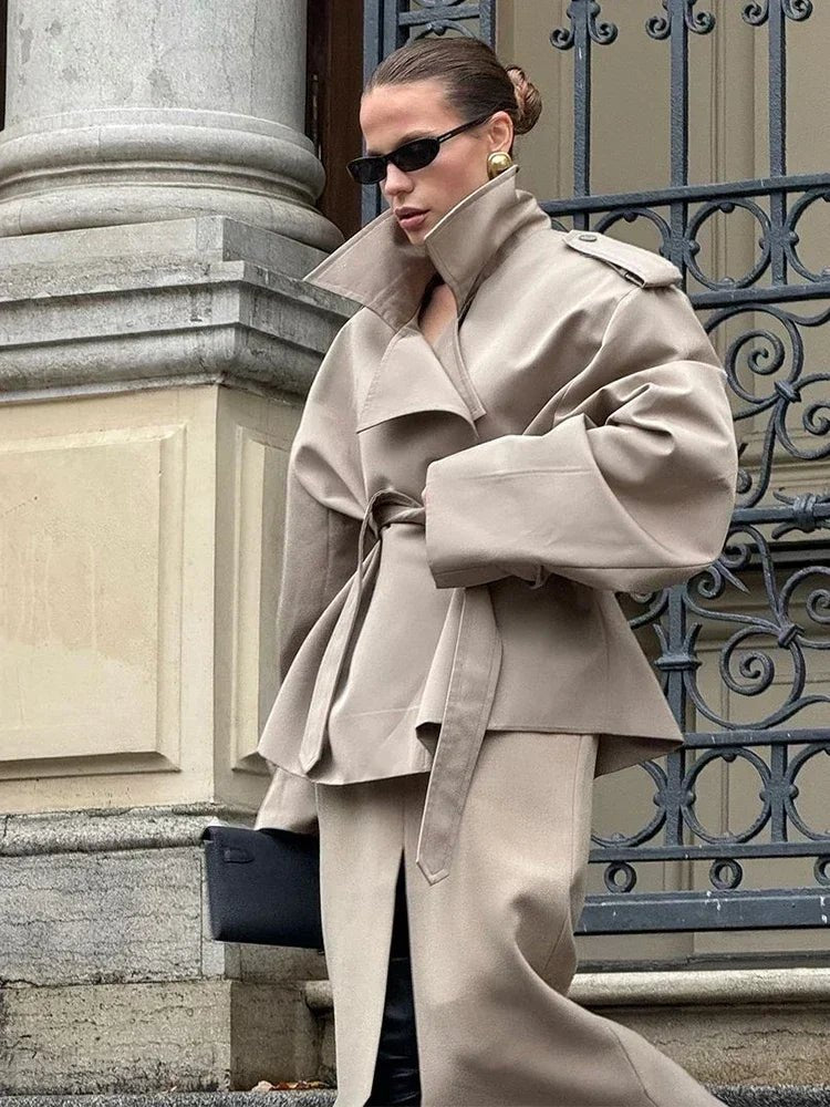 Sandy Lace Up Short Trench Coat - Women's Fall and Winter Outerwear - Image 14