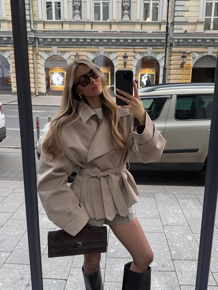 Sandy Lace Up Short Trench Coat - Women's Fall and Winter Outerwear - Image 11