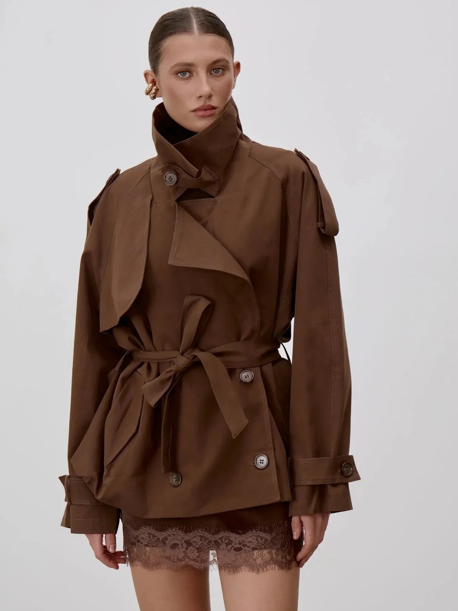 Sonia Lace Up Stand Collar Trenchcoat - Women's Fall and Winter Outerwear - Image 8