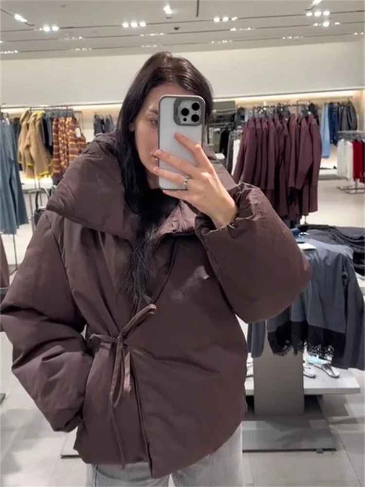 Suzy High Collar Tie-Up Puffer Jacket - Women's Fall and Winter Outerwear - Image 10