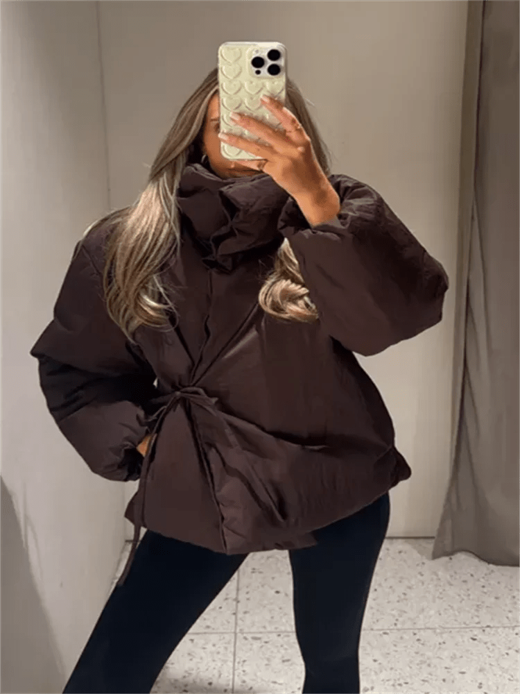 Suzy High Collar Tie-Up Puffer Jacket - Women's Fall and Winter Outerwear - Image 8