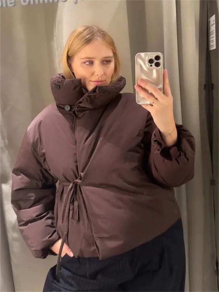 Suzy High Collar Tie-Up Puffer Jacket - Women's Fall and Winter Outerwear - Image 9