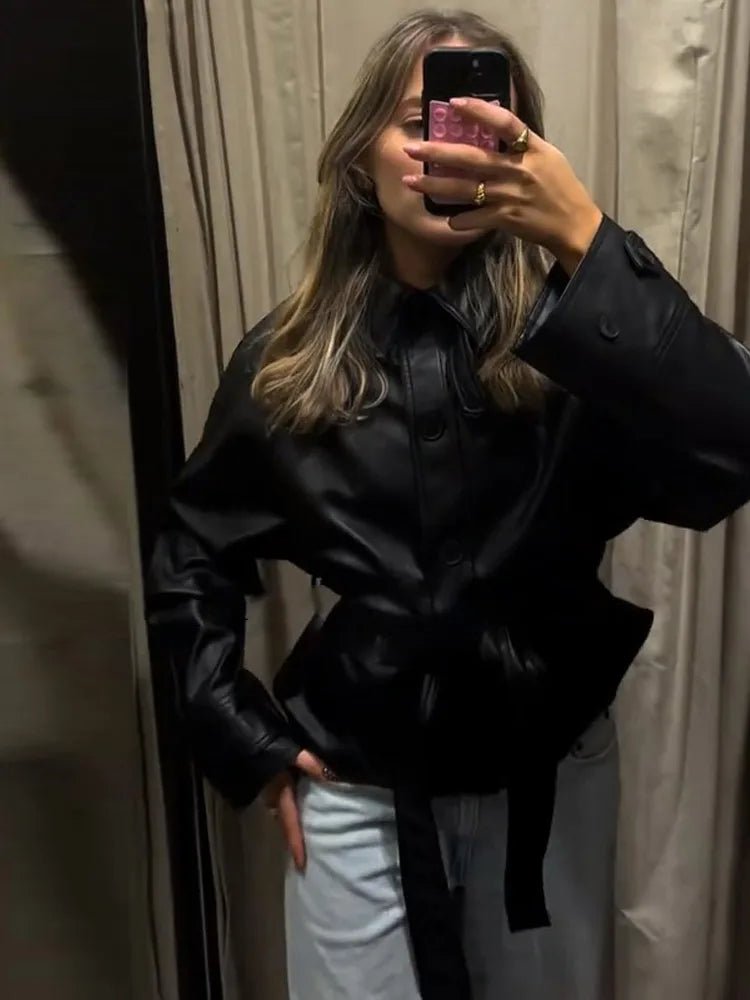 Tabitha Belted Faux Leather Jacket - Women's Fall and Winter Outerwear - Image 5