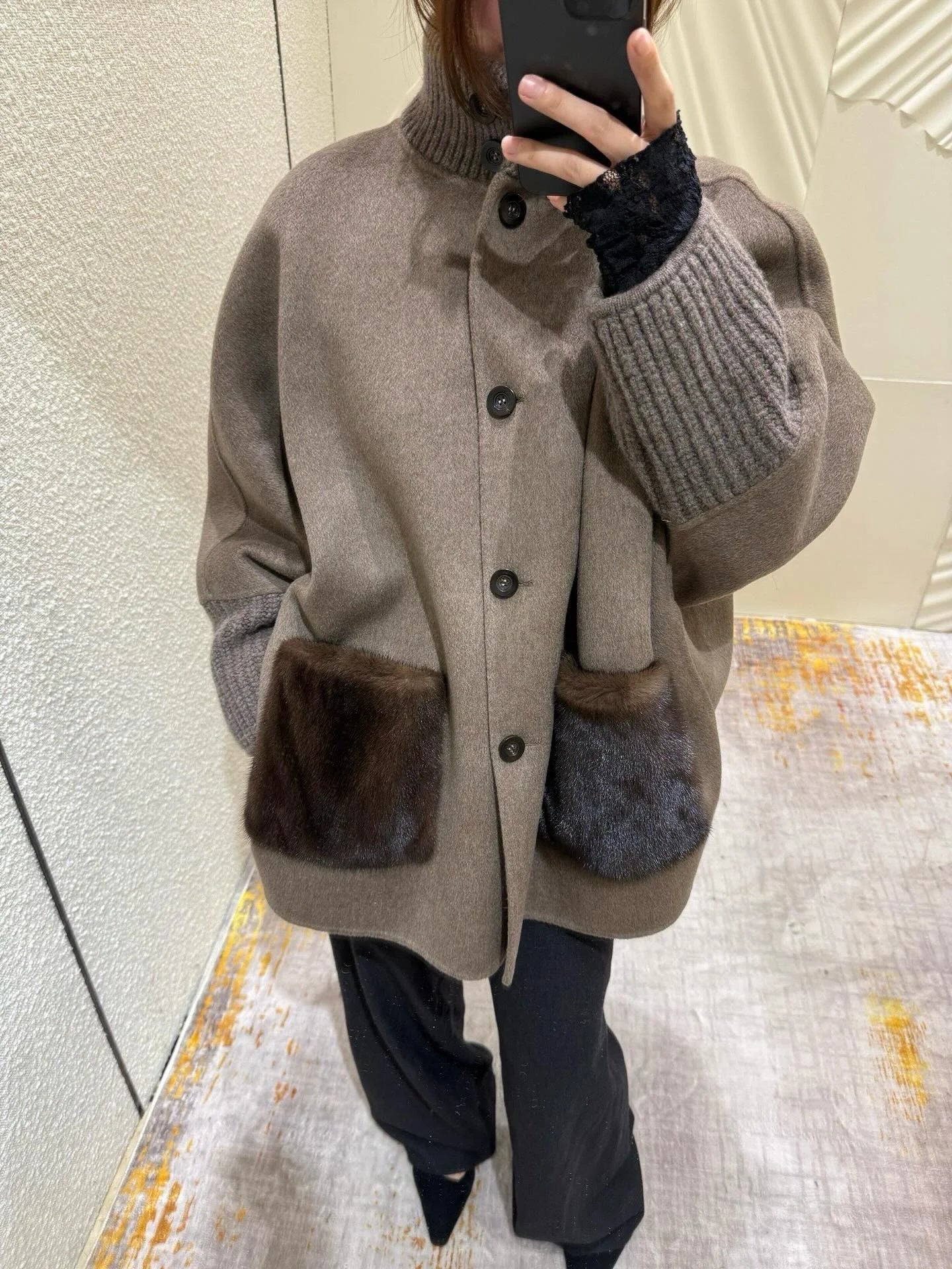 Terry Turtleneck Faux Fur Knit Coat - Women's Fall and Winter Outerwear