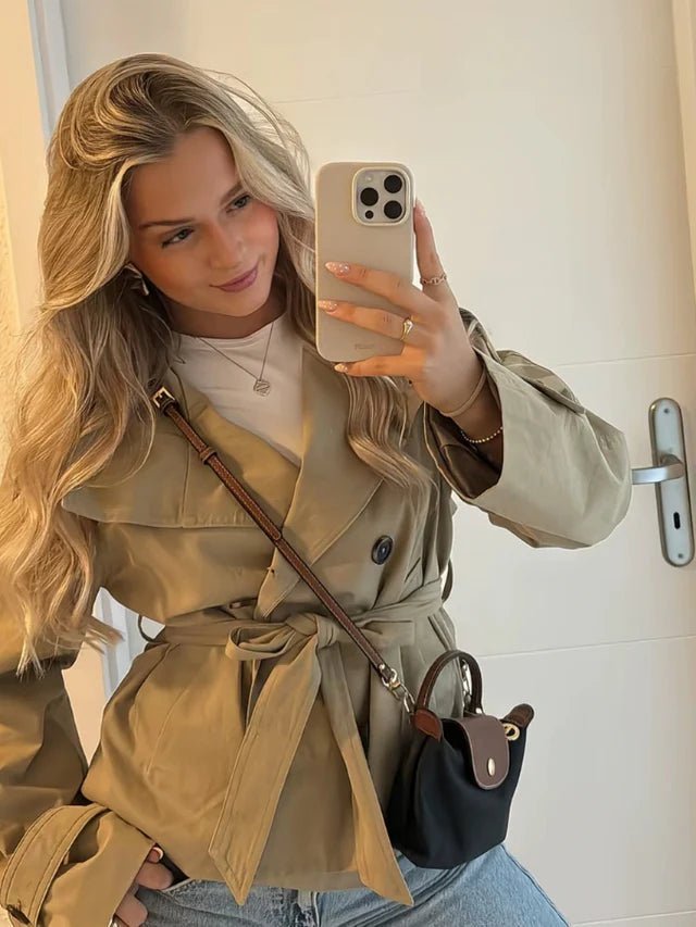 Thea Belted Short Trench Coat for Women - Double Breasted Cropped Jacket - Image 12