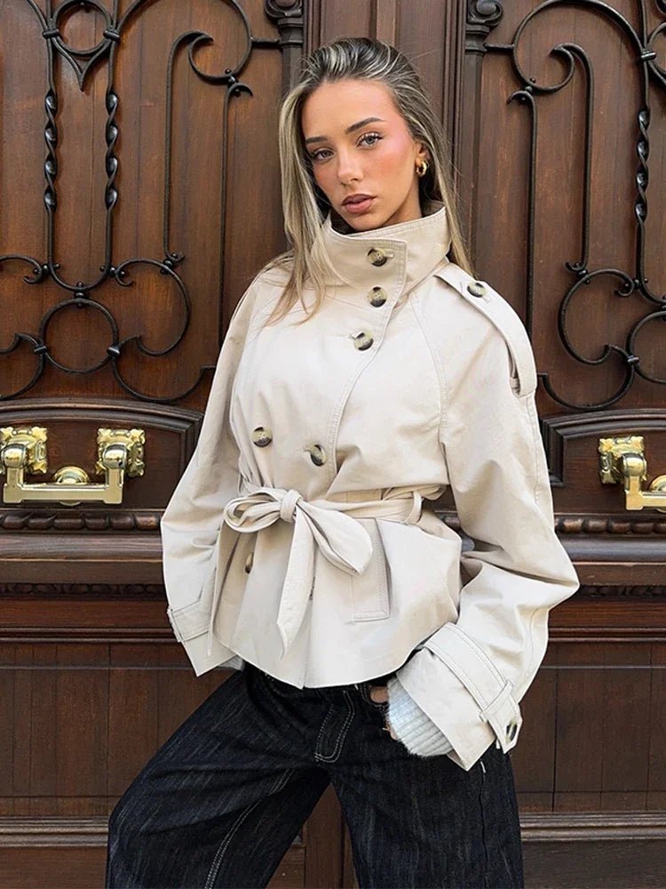 Thea Belted Short Trench Coat for Women - Double Breasted Cropped Jacket