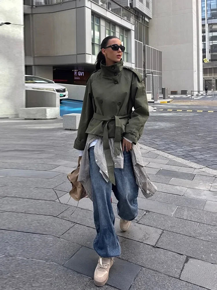 Thea Belted Short Trench Coat for Women - Double Breasted Cropped Jacket - Image 7