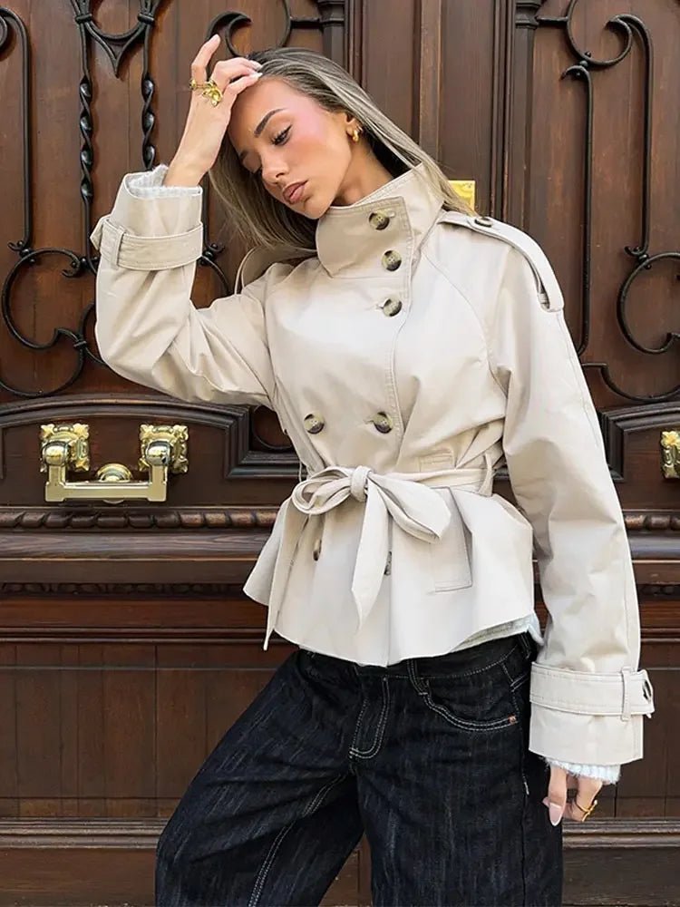 Thea Belted Short Trench Coat for Women - Double Breasted Cropped Jacket - Image 2