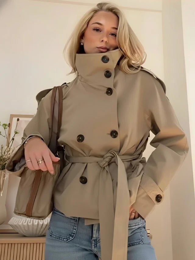 Thea Belted Short Trench Coat for Women - Double Breasted Cropped Jacket - Image 14