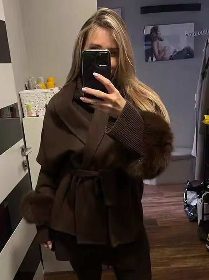 Wool Wrap Coat with Fox Fur Cuff - Women's Fall and Winter Outerwear - Image 13
