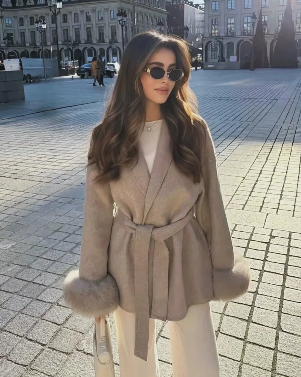 Wool Wrap Coat with Fox Fur Cuff - Women's Fall and Winter Outerwear - Image 18