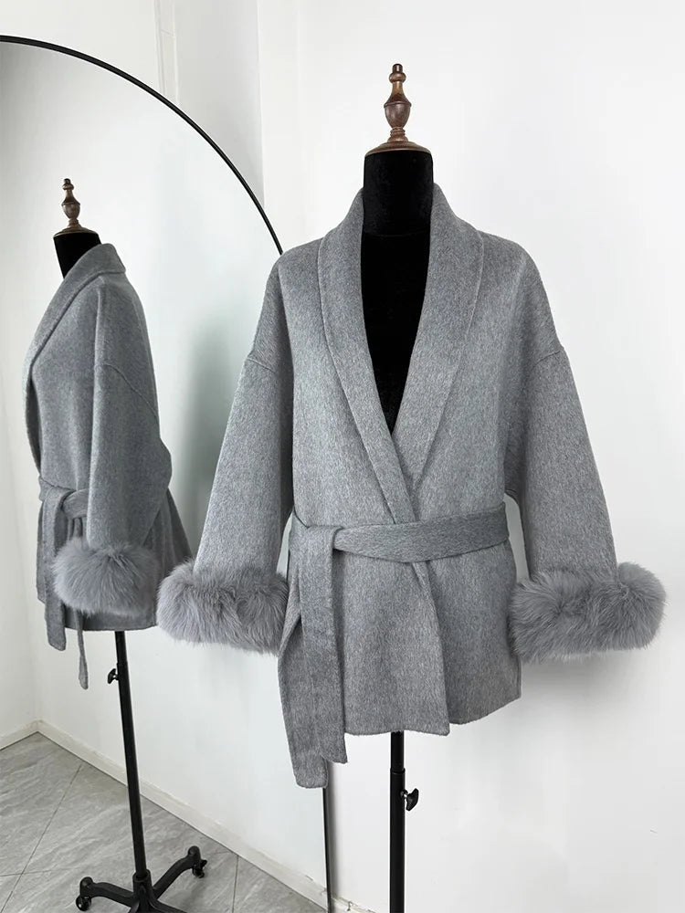 Wool Wrap Coat with Fox Fur Cuff - Women's Fall and Winter Outerwear - Image 27