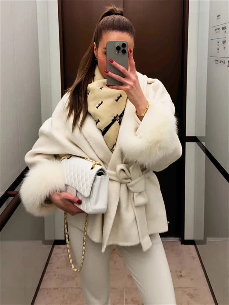 Wool Wrap Coat with Fox Fur Cuff - Women's Fall and Winter Outerwear - Image 22