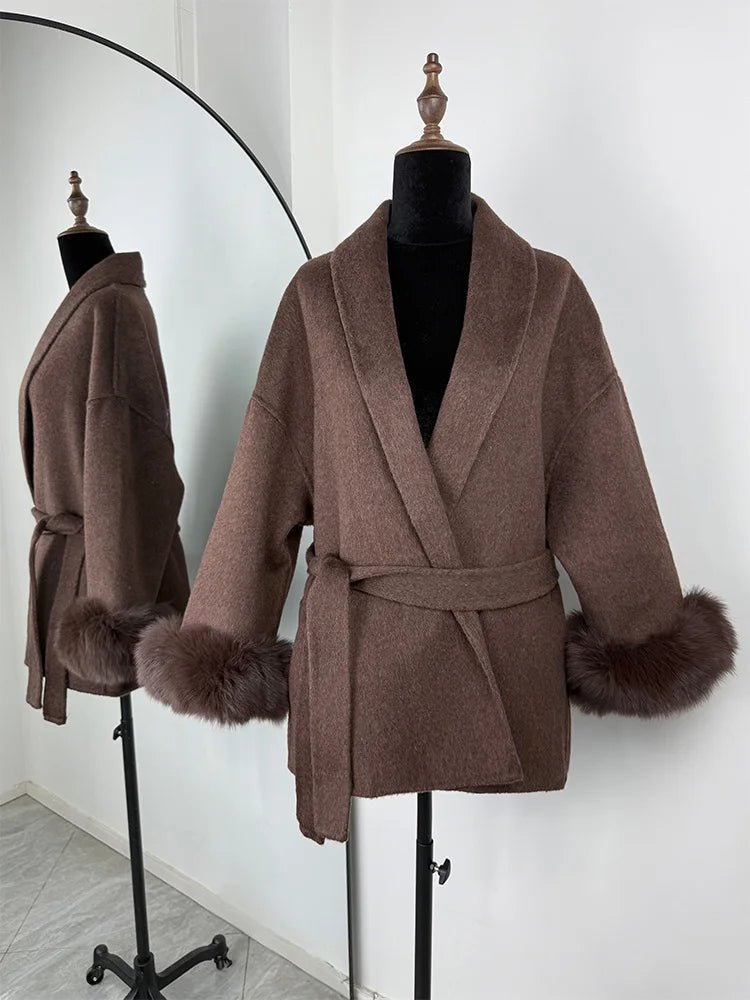 Wool Wrap Coat with Fox Fur Cuff - Women's Fall and Winter Outerwear - Image 33