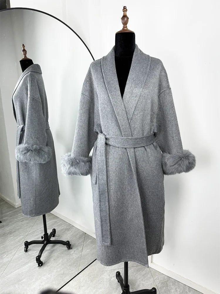 Wool Wrap Coat with Fox Fur Cuff - Women's Fall and Winter Outerwear - Image 28