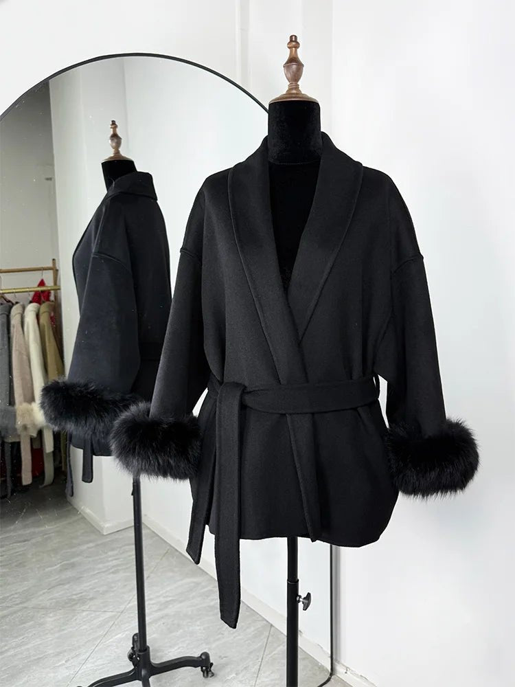 Wool Wrap Coat with Fox Fur Cuff - Women's Fall and Winter Outerwear - Image 31