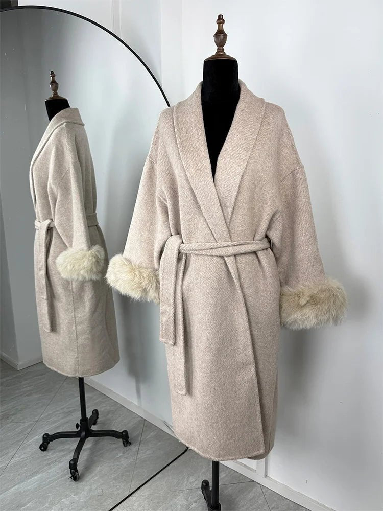 Wool Wrap Coat with Fox Fur Cuff - Women's Fall and Winter Outerwear - Image 20