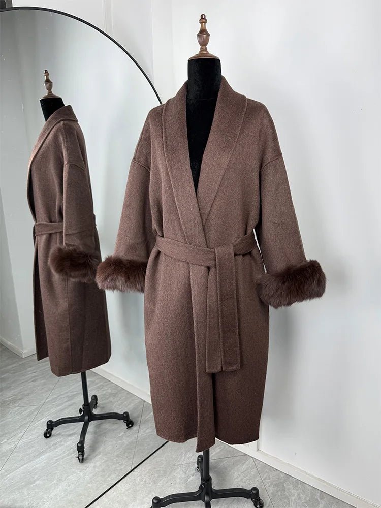 Wool Wrap Coat with Fox Fur Cuff - Women's Fall and Winter Outerwear - Image 36