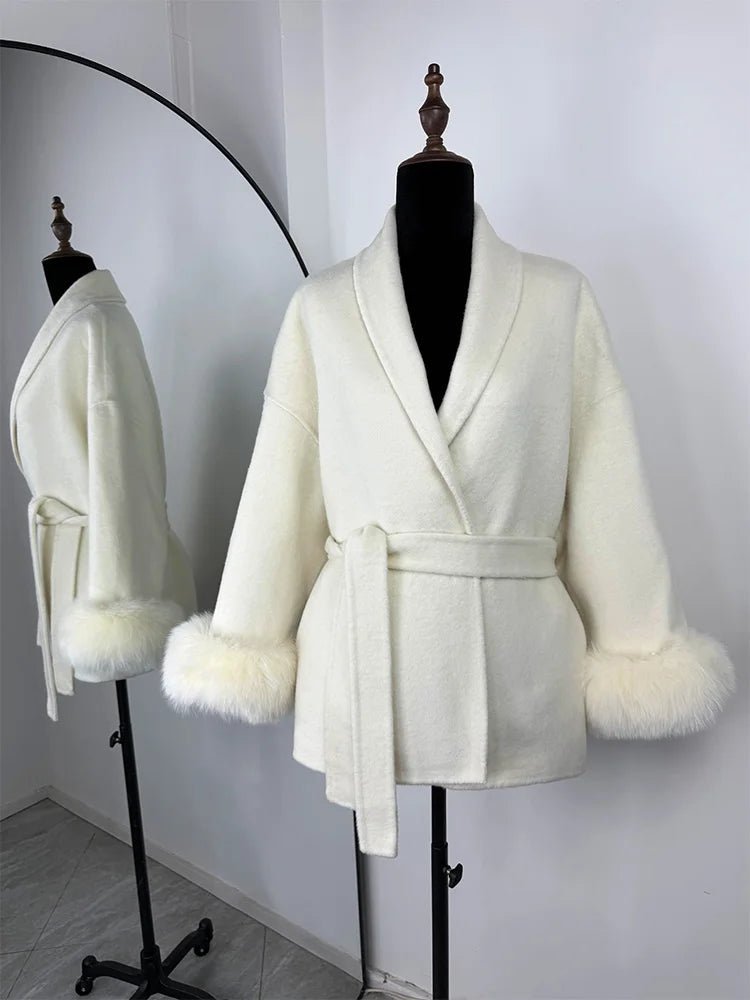 Wool Wrap Coat with Fox Fur Cuff - Women's Fall and Winter Outerwear - Image 23