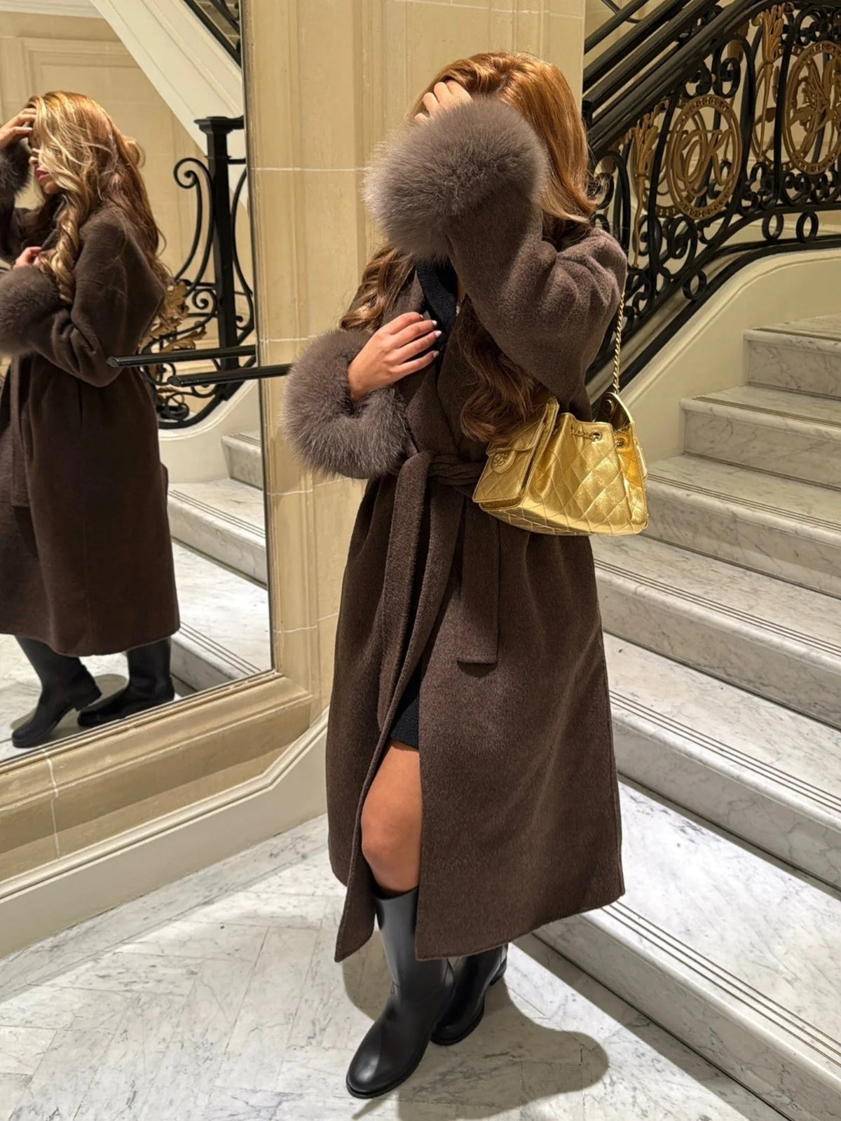 Wool Wrap Coat with Fox Fur Cuff - Women's Fall and Winter Outerwear - Image 35