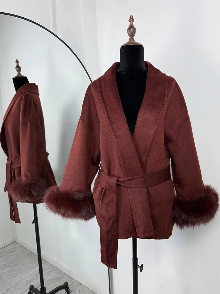 Wool Wrap Coat with Fox Fur Cuff - Women's Fall and Winter Outerwear - Image 37