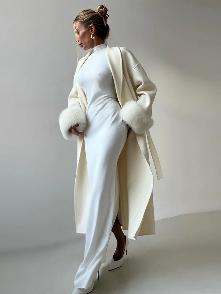 Wool Wrap Coat with Fox Fur Cuff - Women's Fall and Winter Outerwear - Image 24