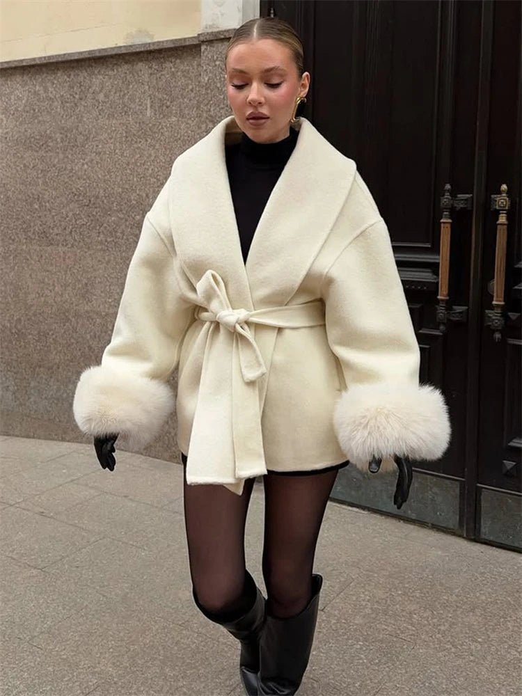 Wool Wrap Coat with Fox Fur Cuff - Women's Fall and Winter Outerwear - Image 21