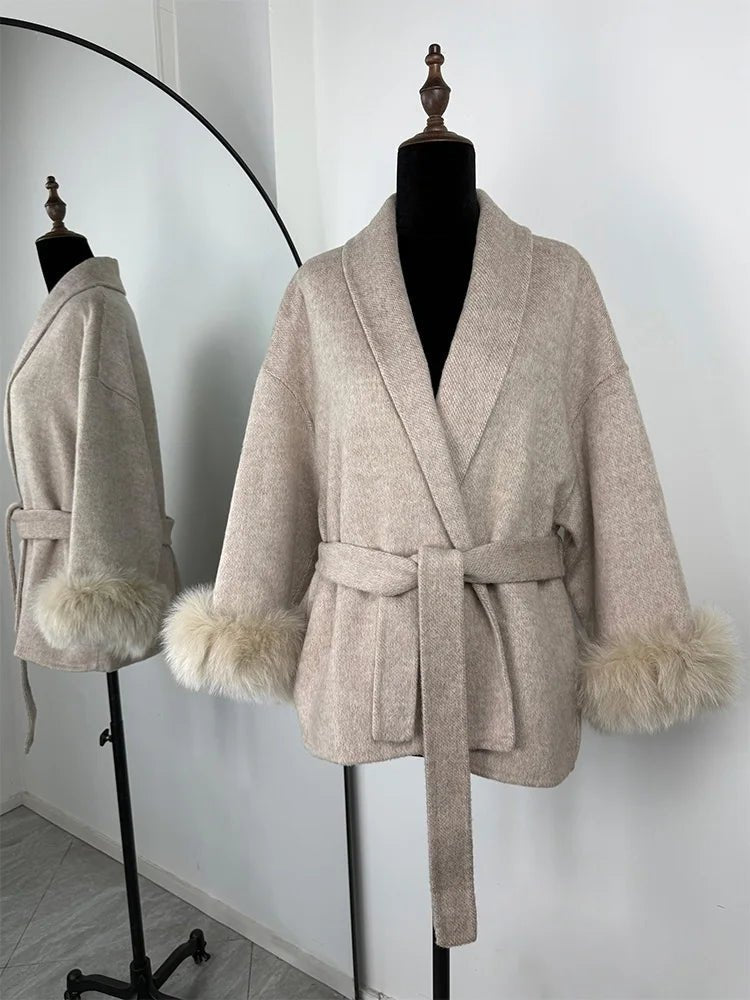Wool Wrap Coat with Fox Fur Cuff - Women's Fall and Winter Outerwear - Image 19