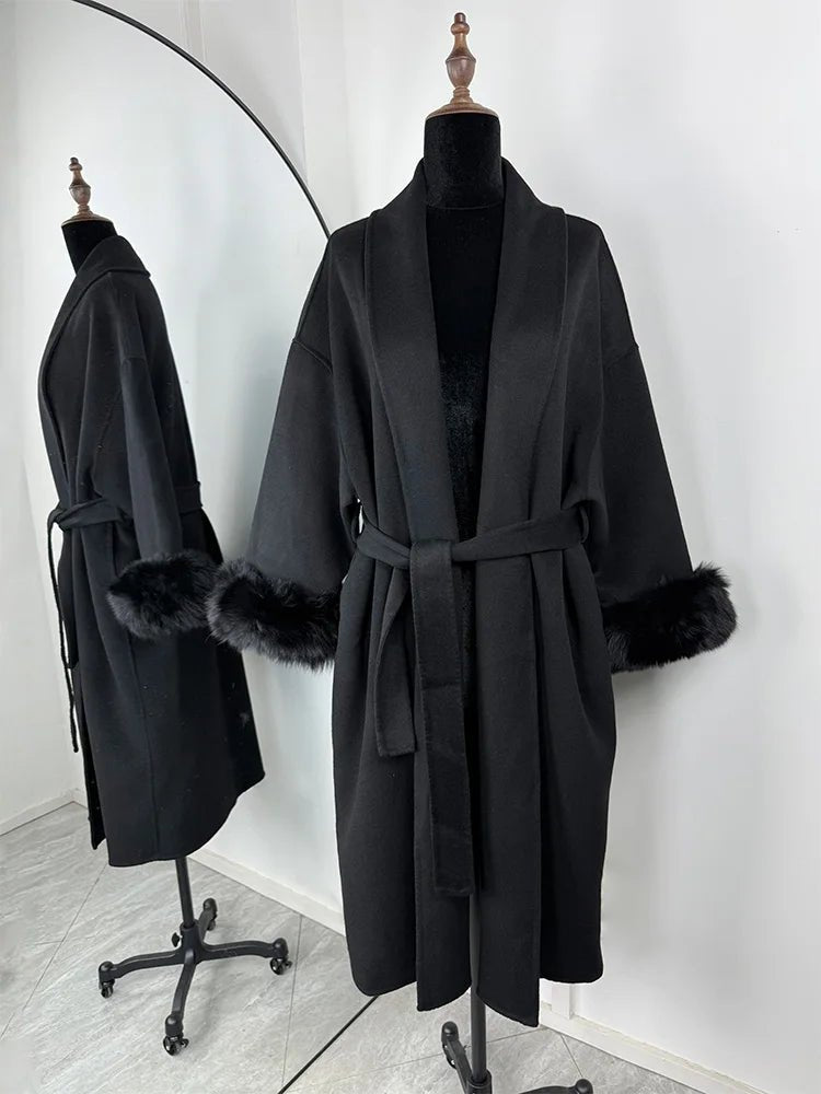 Wool Wrap Coat with Fox Fur Cuff - Women's Fall and Winter Outerwear - Image 32