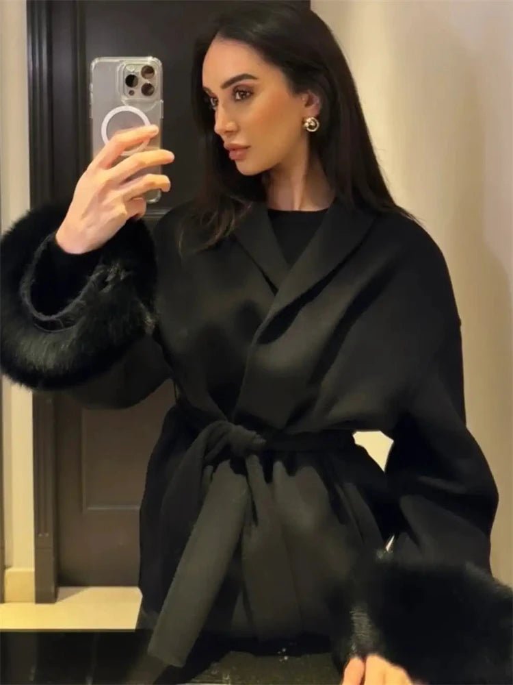 Wool Wrap Coat with Fox Fur Cuff - Women's Fall and Winter Outerwear - Image 30