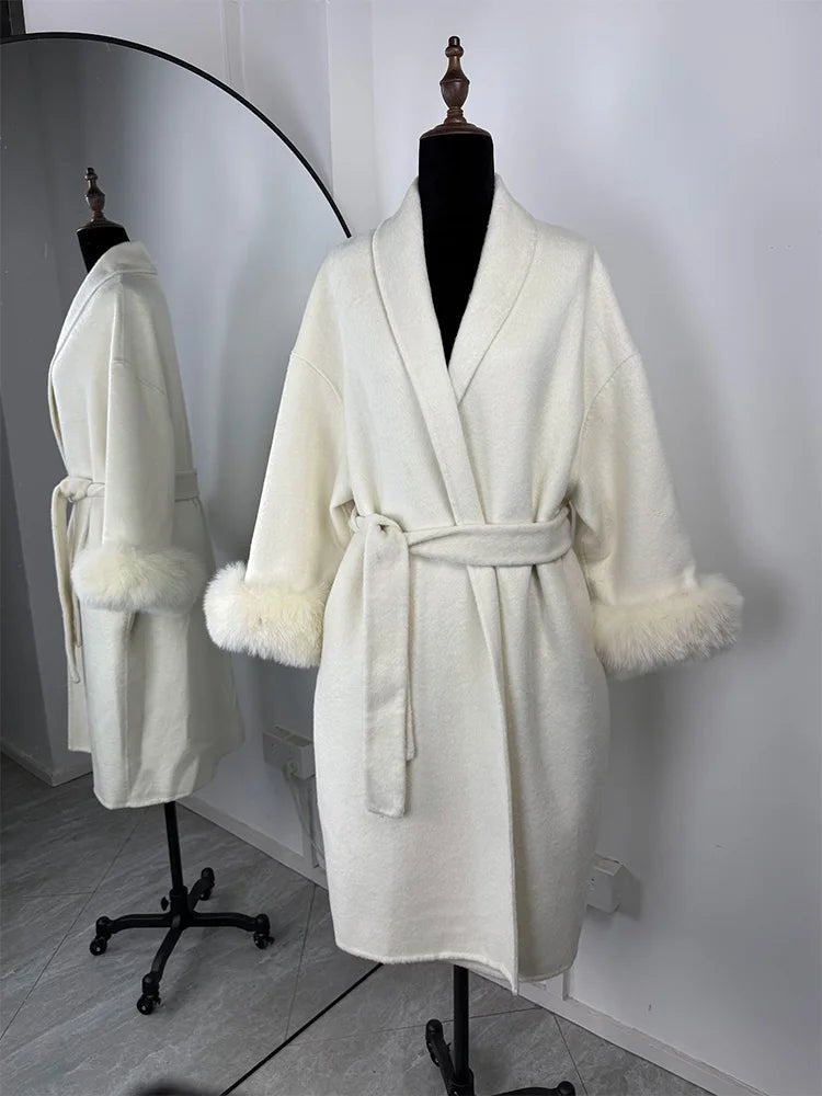 Wool Wrap Coat with Fox Fur Cuff - Women's Fall and Winter Outerwear - Image 26