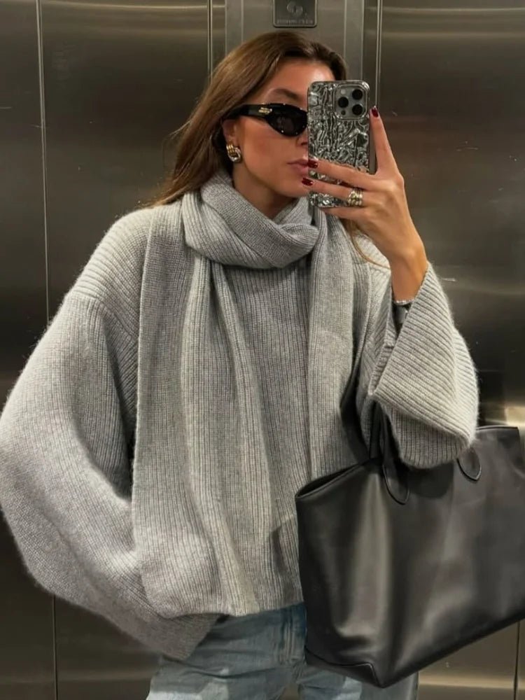 Xia Loose Knit Pullover with Scarf - Women's Fall and Winter Outerwear - Image 7