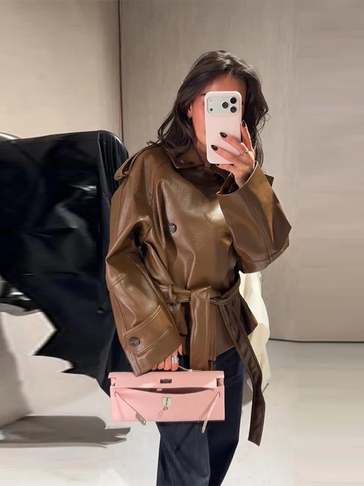 Xylia Belted Faux Leather Trench Coat - Women's Fall and Winter Outerwear - Image 3