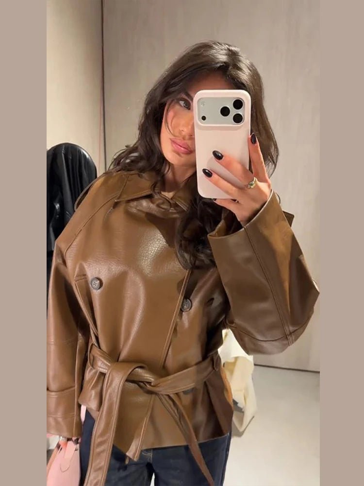 Xylia Belted Faux Leather Trench Coat - Women's Fall and Winter Outerwear - Image 4