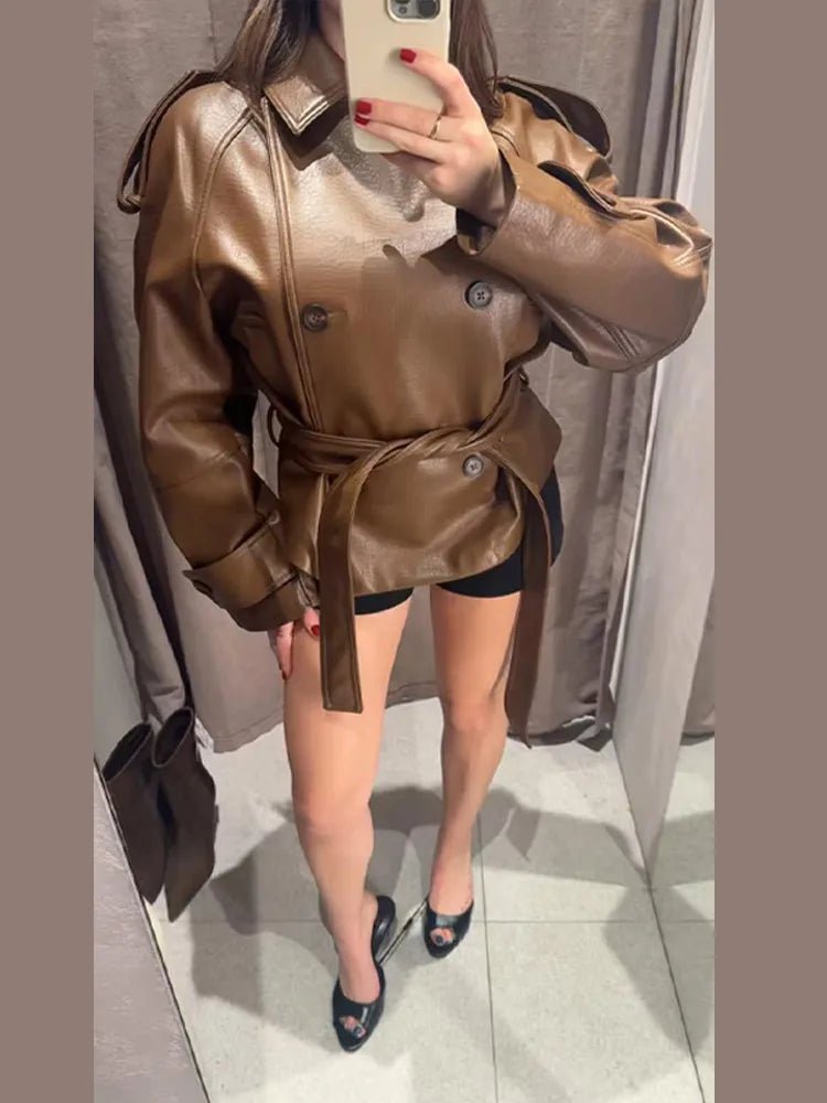Xylia Belted Faux Leather Trench Coat - Women's Fall and Winter Outerwear - Image 5