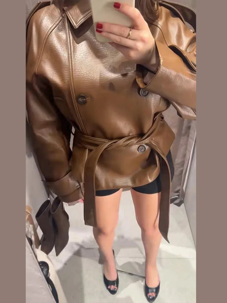 Xylia Belted Faux Leather Trench Coat - Women's Fall and Winter Outerwear - Image 2