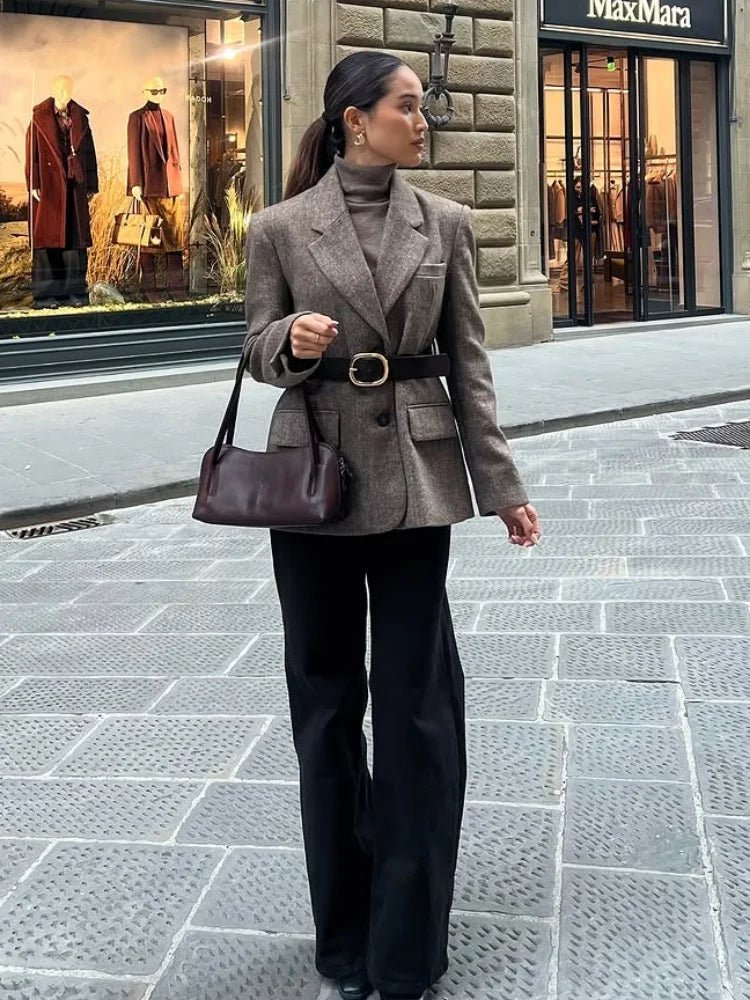Yalina Herringbone Blazer with Belt - Women's Fall and Winter Outerwear