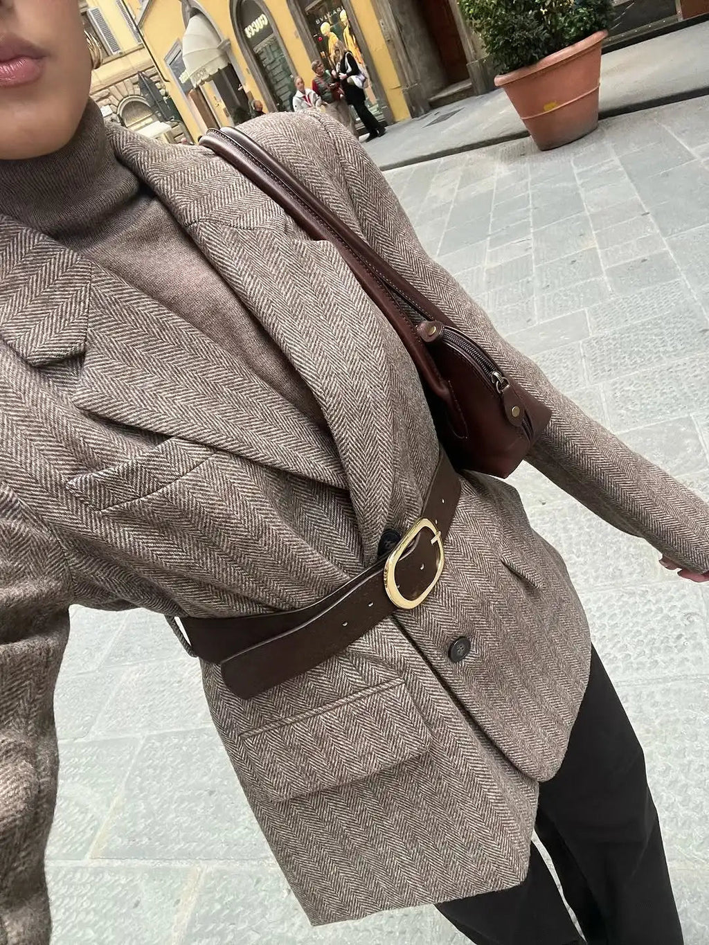 Yalina Herringbone Blazer with Belt - Women's Fall and Winter Outerwear - Image 3