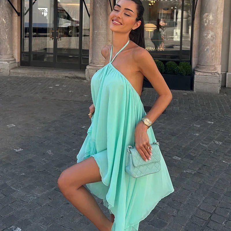 Sienna Flowy Halter Mini Dress - Elegant Occasion Dress for Women - Image 2