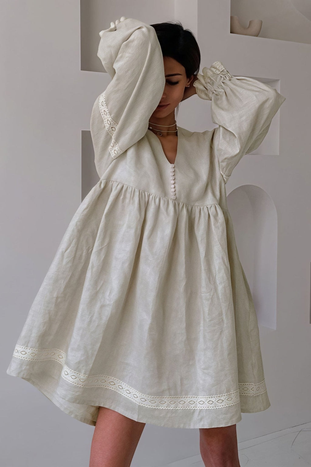 Beatrice Cotton Linen V-Neck Lantern Sleeve Mini Dress - Casual Summer Dress - Image 2