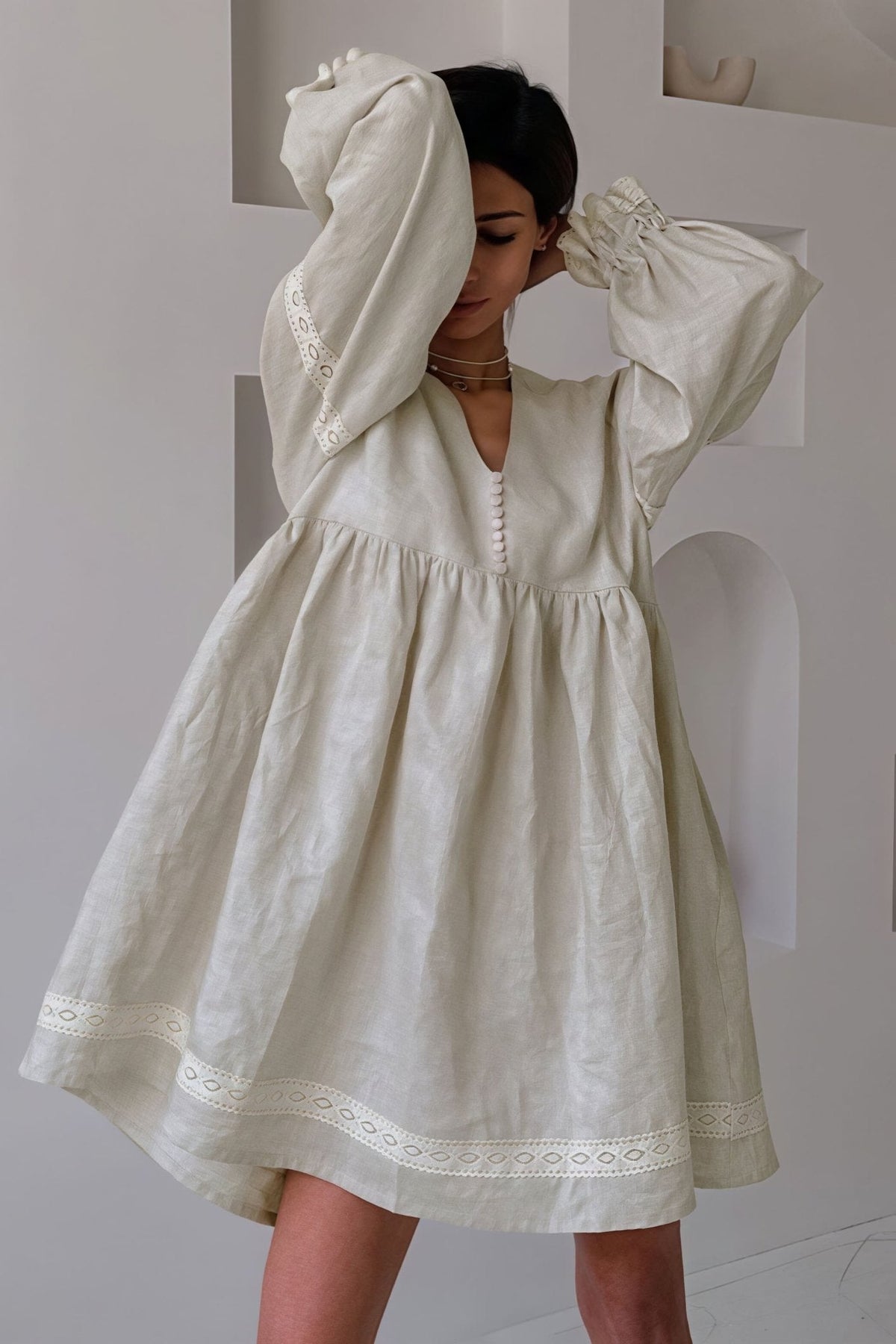 Beatrice Cotton Linen V-Neck Lantern Sleeve Mini Dress - Casual Summer Dress - Image 2