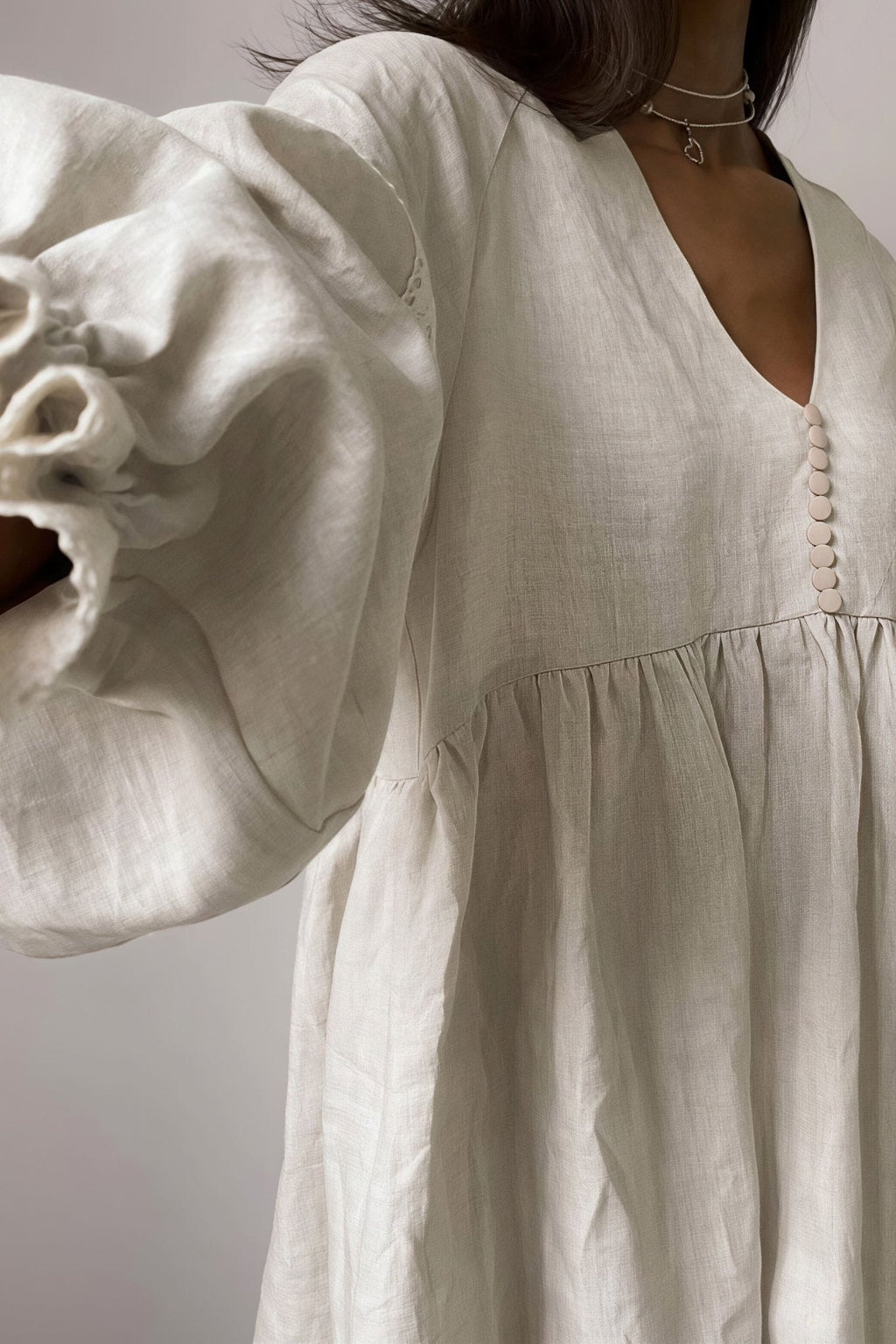 Beatrice Cotton Linen V-Neck Lantern Sleeve Mini Dress - Casual Summer Dress - Image 4