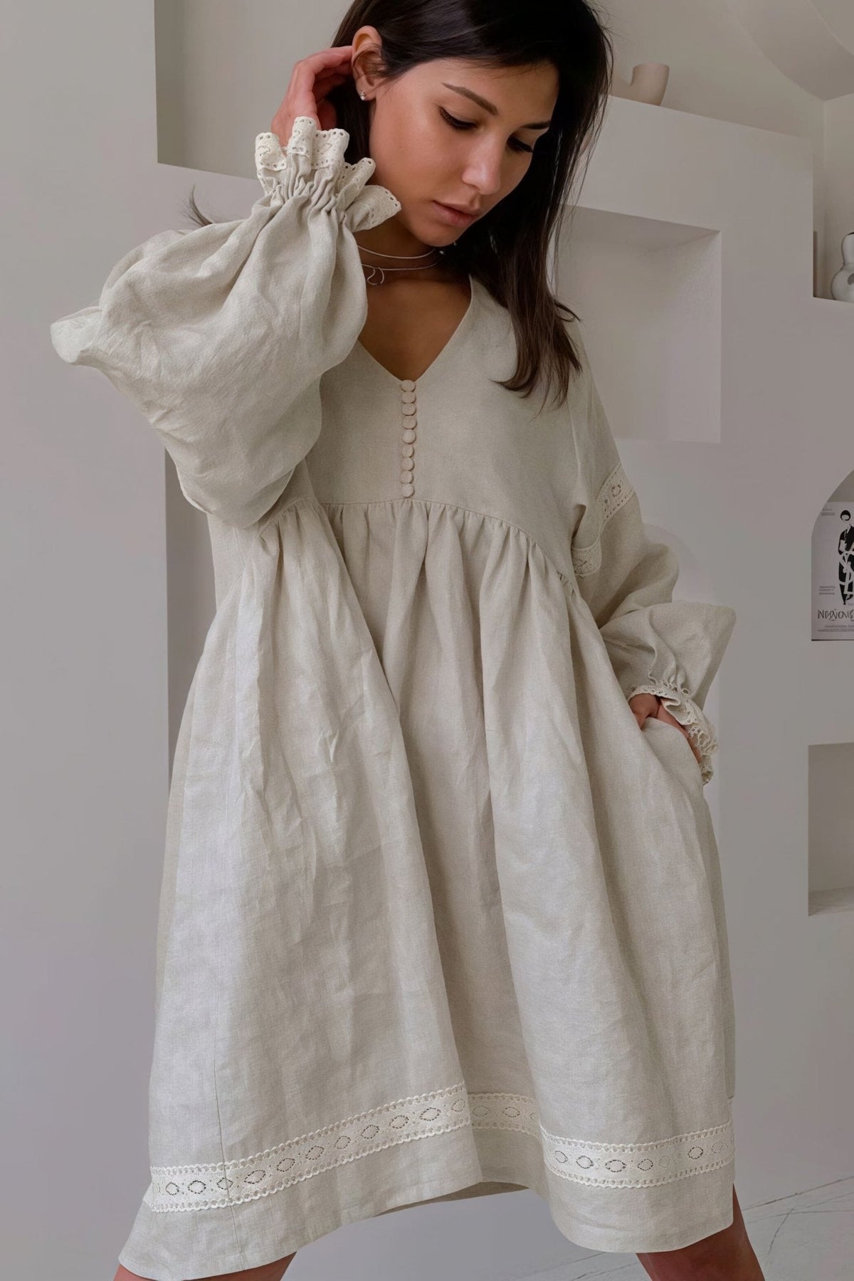 Beatrice Cotton Linen V-Neck Lantern Sleeve Mini Dress - Casual Summer Dress - Image 3