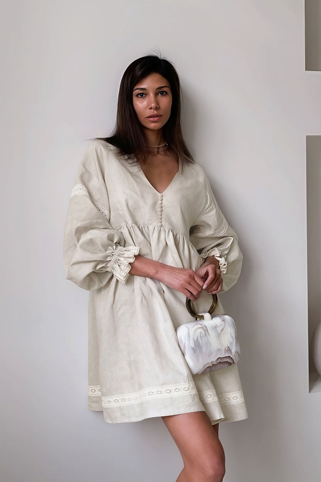 Beatrice Cotton Linen V-Neck Lantern Sleeve Mini Dress - Casual Summer Dress