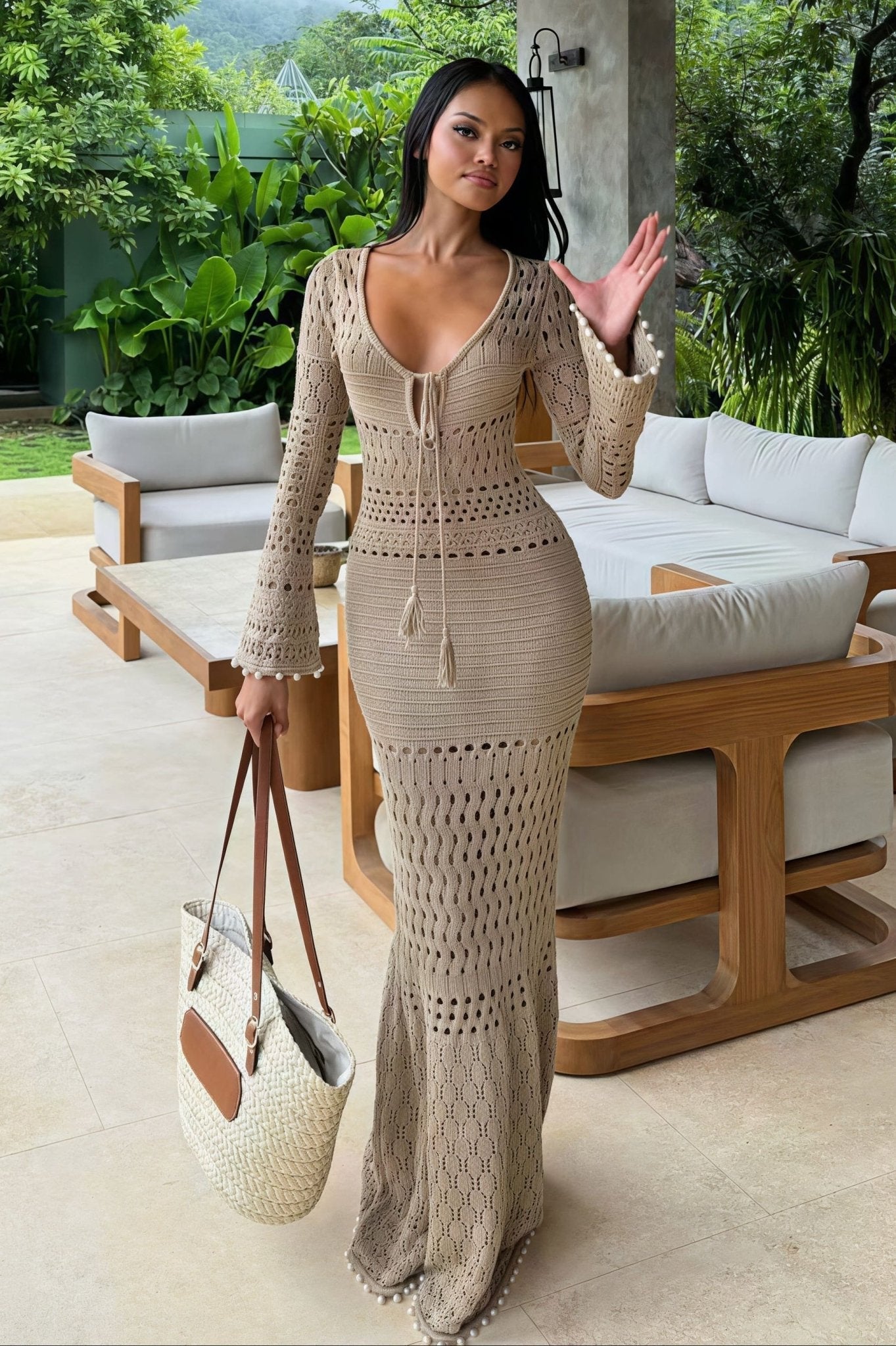 Beatrice Ribbed V-Neck Cinched Maxi Dress - Elegant Occasion Dress for Women - Image 2