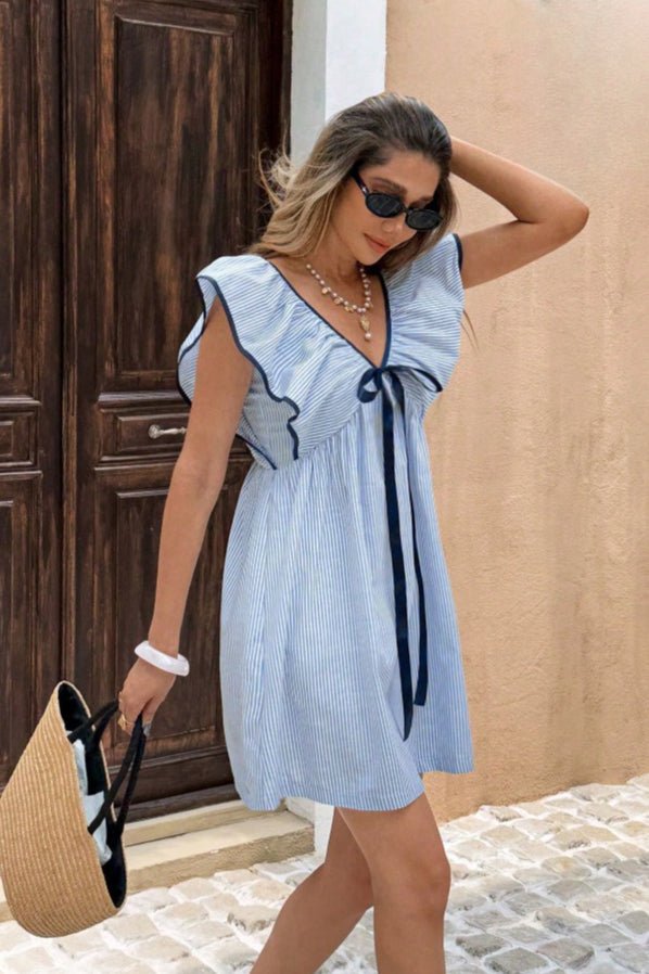 Beatrice Striped V-Neck Ruffle Mini Dress - Elegant Occasion Dress for Women - Image 3