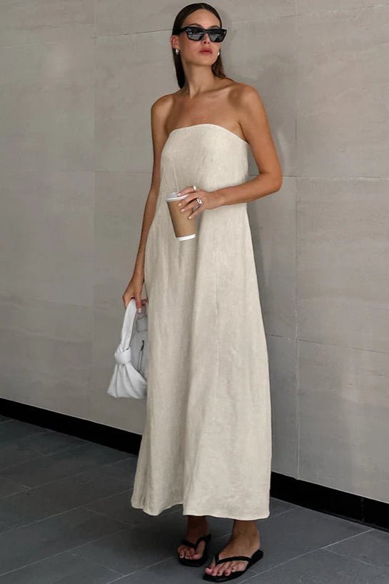 Bianca Strapless Backless Maxi Dress - High Waist Summer Dress, Khaki