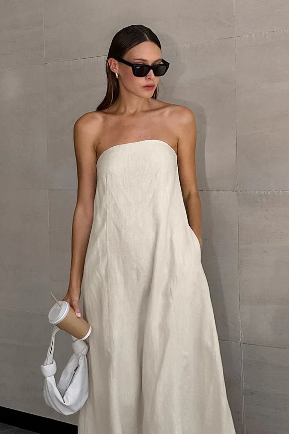 Bianca Strapless Backless Maxi Dress - High Waist Summer Dress, Khaki - Image 4