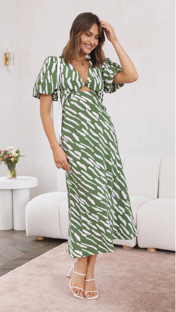 Brooke Printed V-Neck A-Line Midi Dress - Elegant Occasion Dress for Women